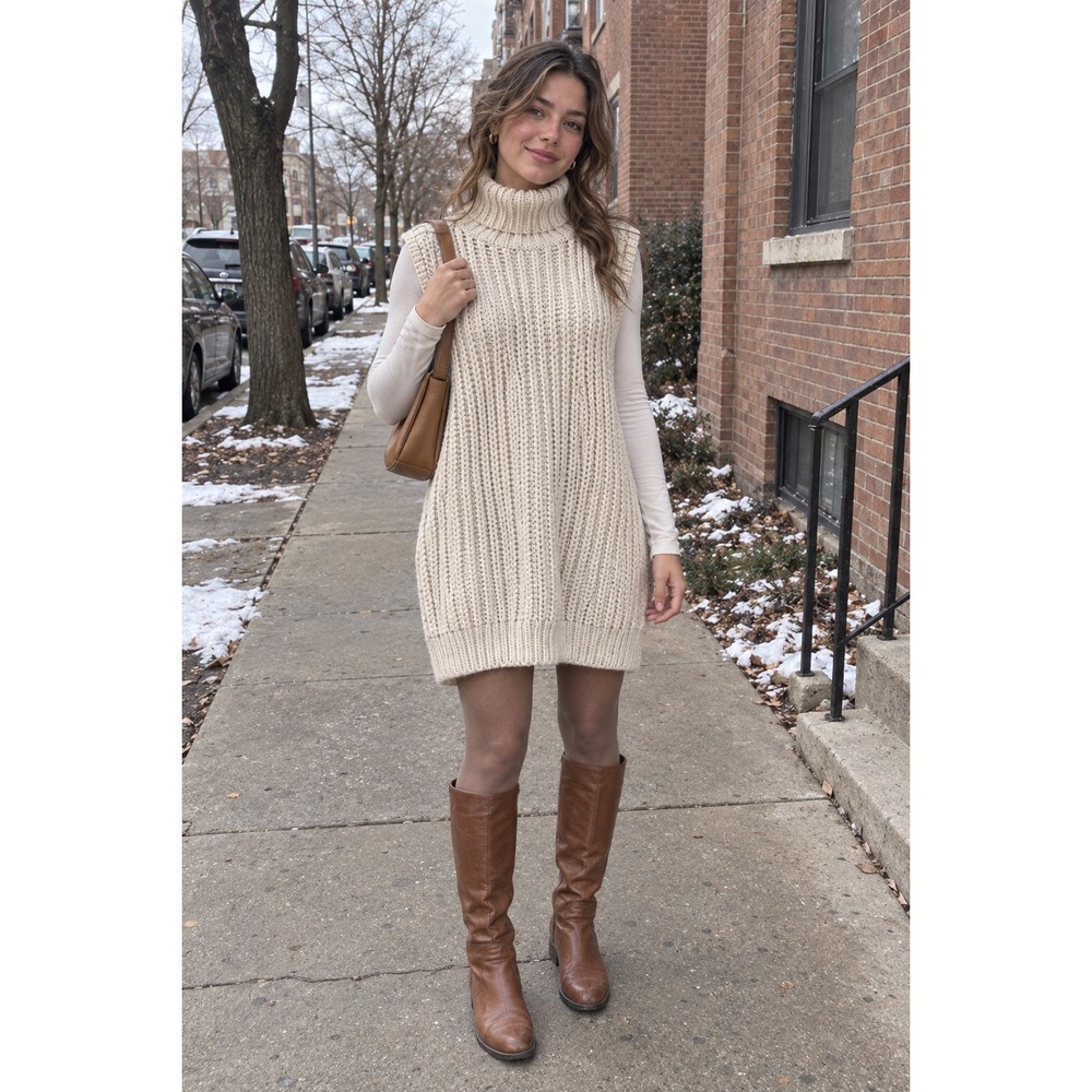 H&M Womens XL Ivory Chunky Knit Turtleneck Sweater Dress Wool Blend Sleeveless
